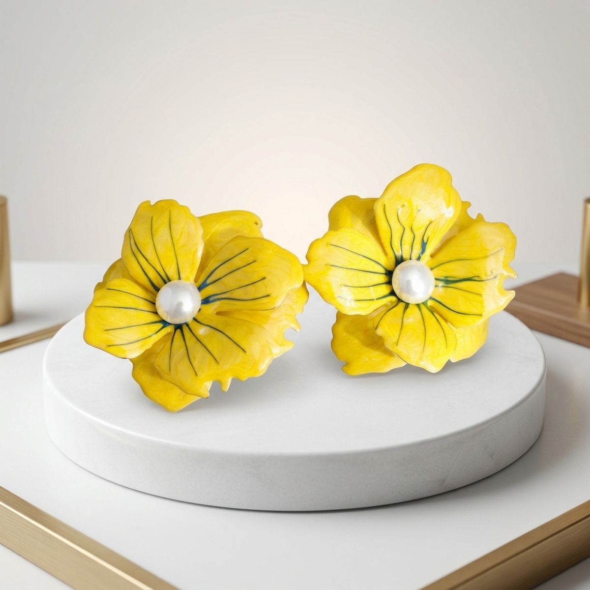 Yellow Oversize Stud Painted Petal Flower Earrings
