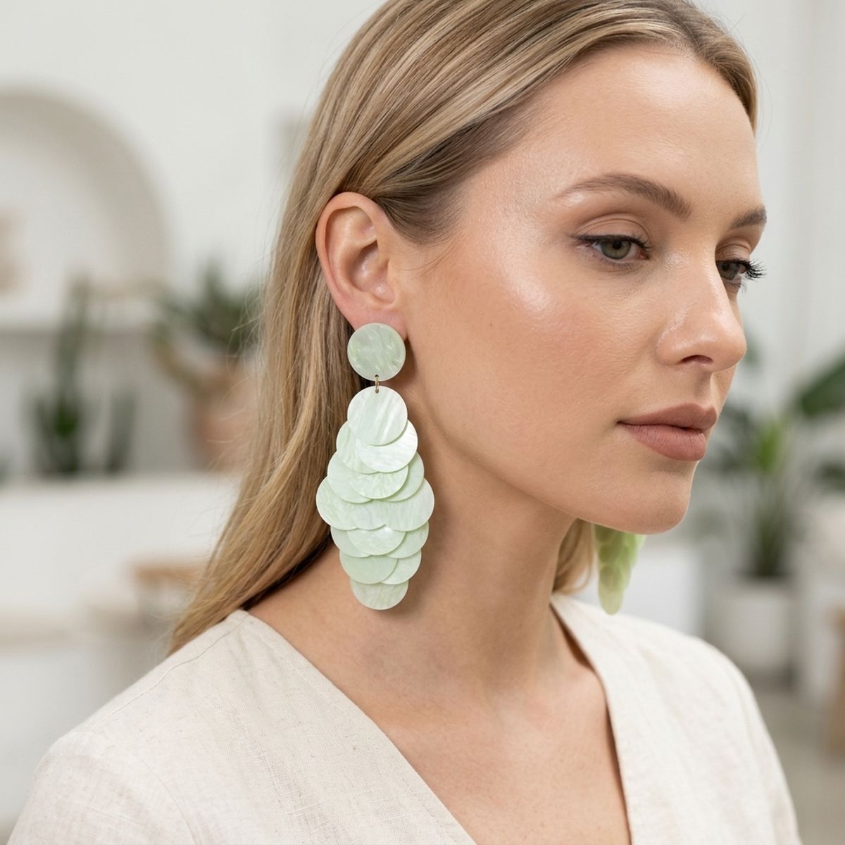 Dangle Lime Green Swirl Shell Disc Resort Earrings