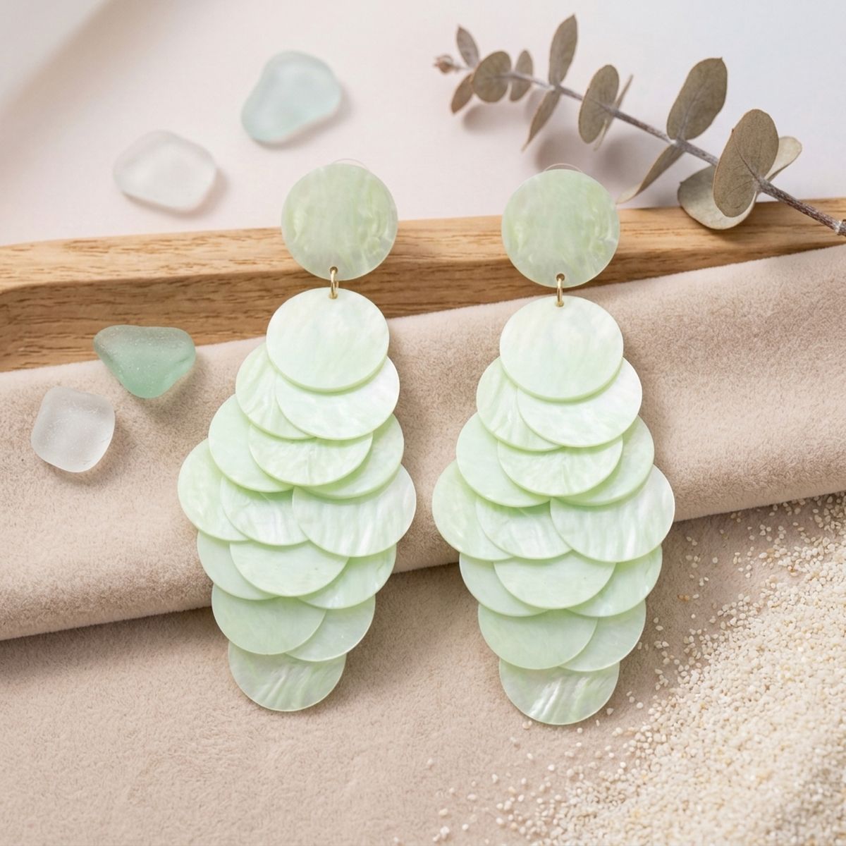Dangle Lime Green Swirl Shell Disc Resort Earrings