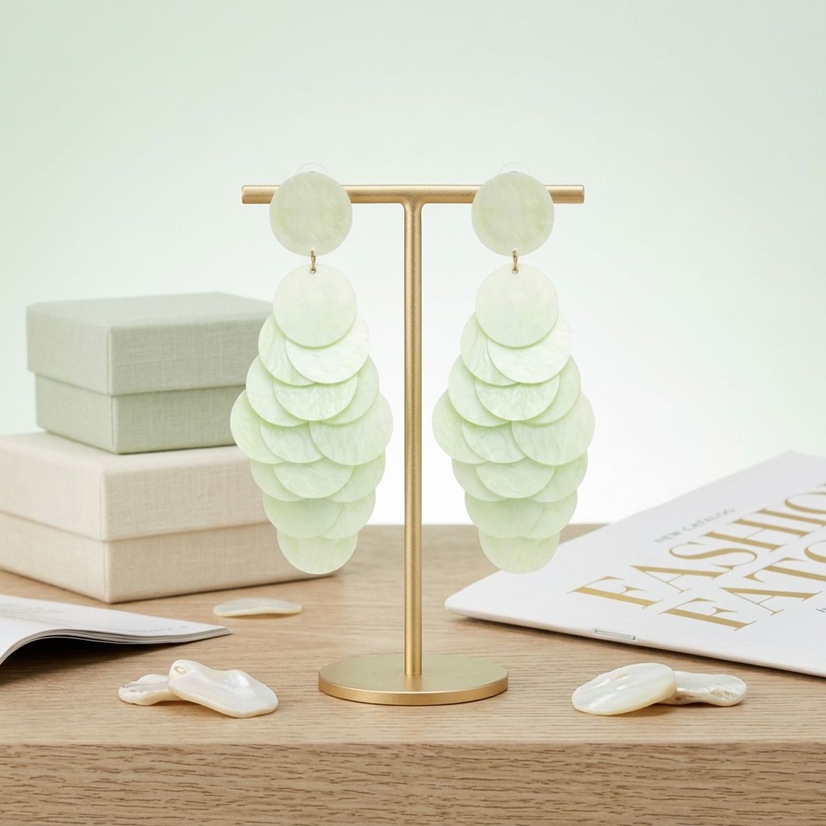 Dangle Lime Green Swirl Shell Disc Resort Earrings