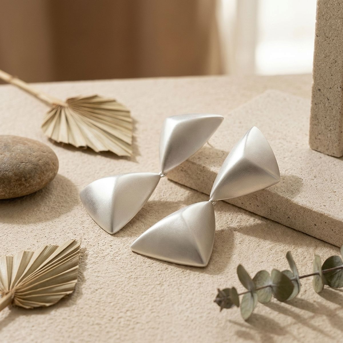 Drop Matte Silver Puffed Triangle Modern Earrings
