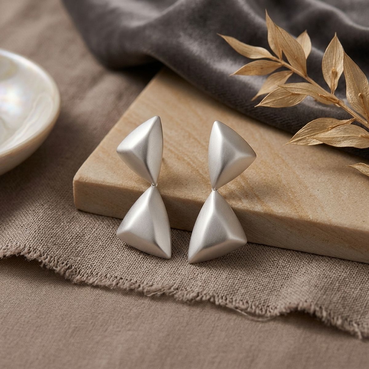 Drop Matte Silver Puffed Triangle Modern Earrings