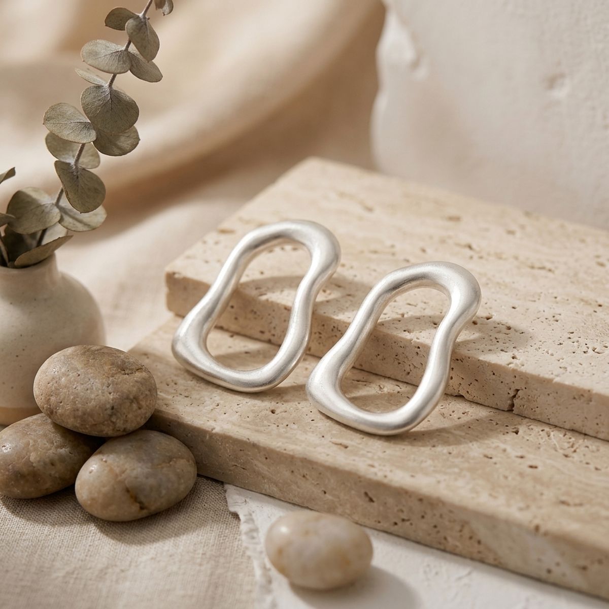 Stud Brushed Matte Silver Wavy Oval Earrings