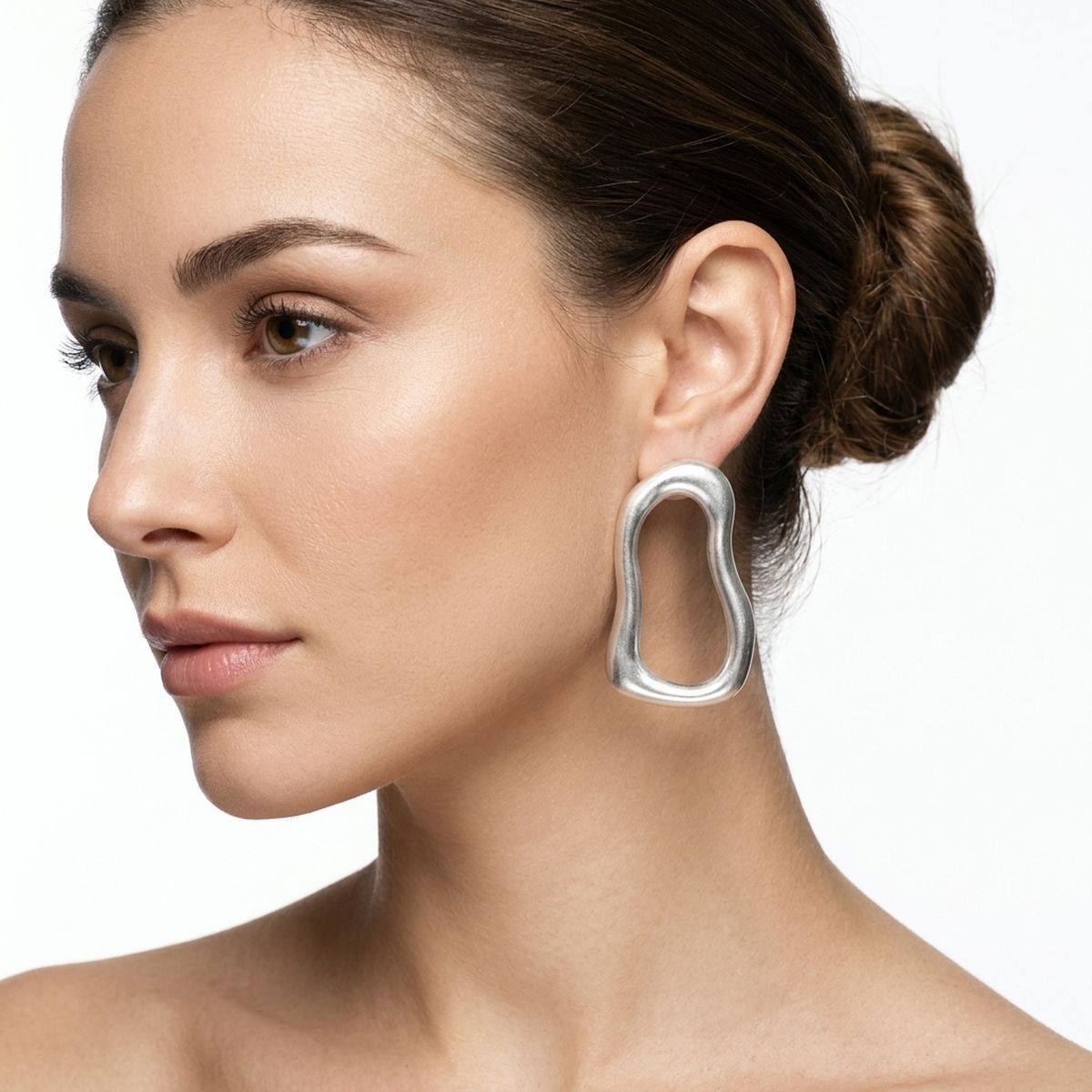 Stud Brushed Matte Silver Wavy Oval Earrings