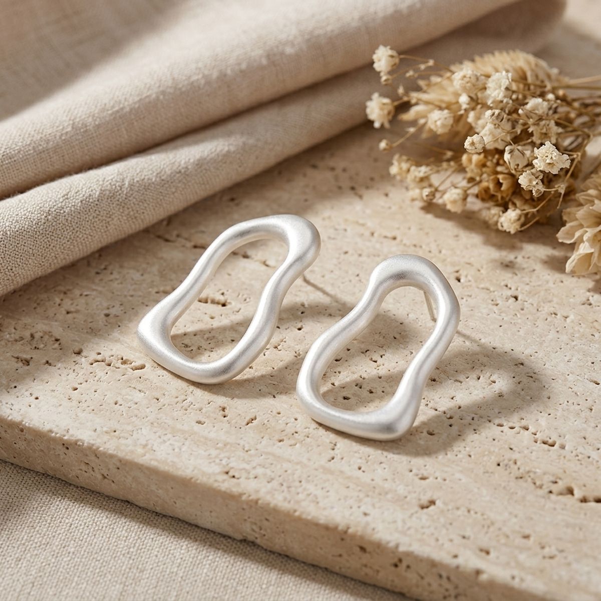 Stud Brushed Matte Silver Wavy Oval Earrings