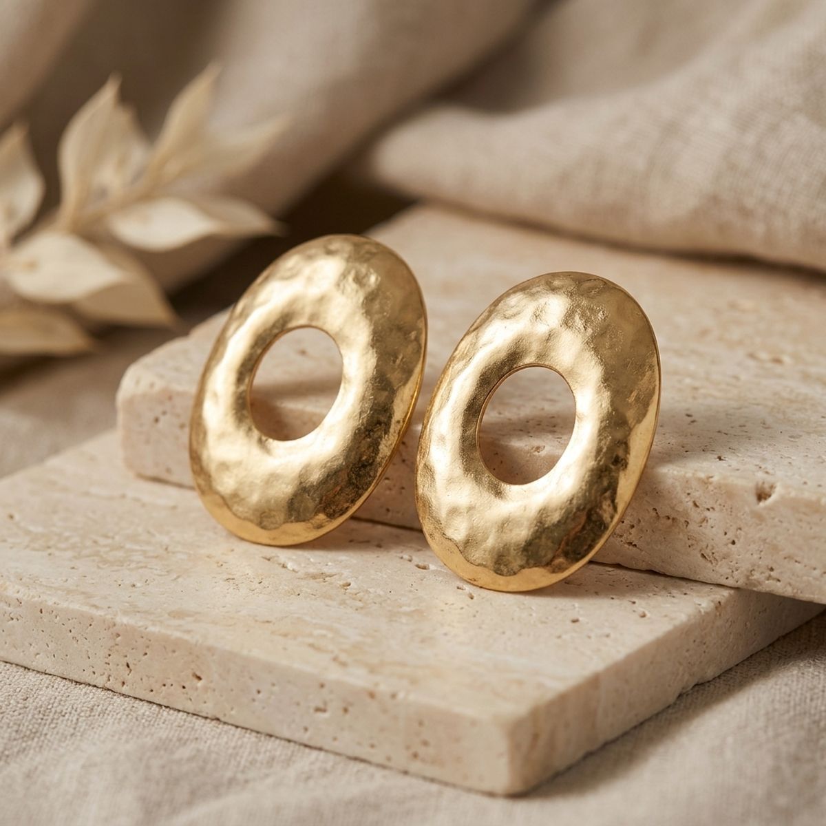 Stud Brushed Gold Hammered Domed Oval Earrings