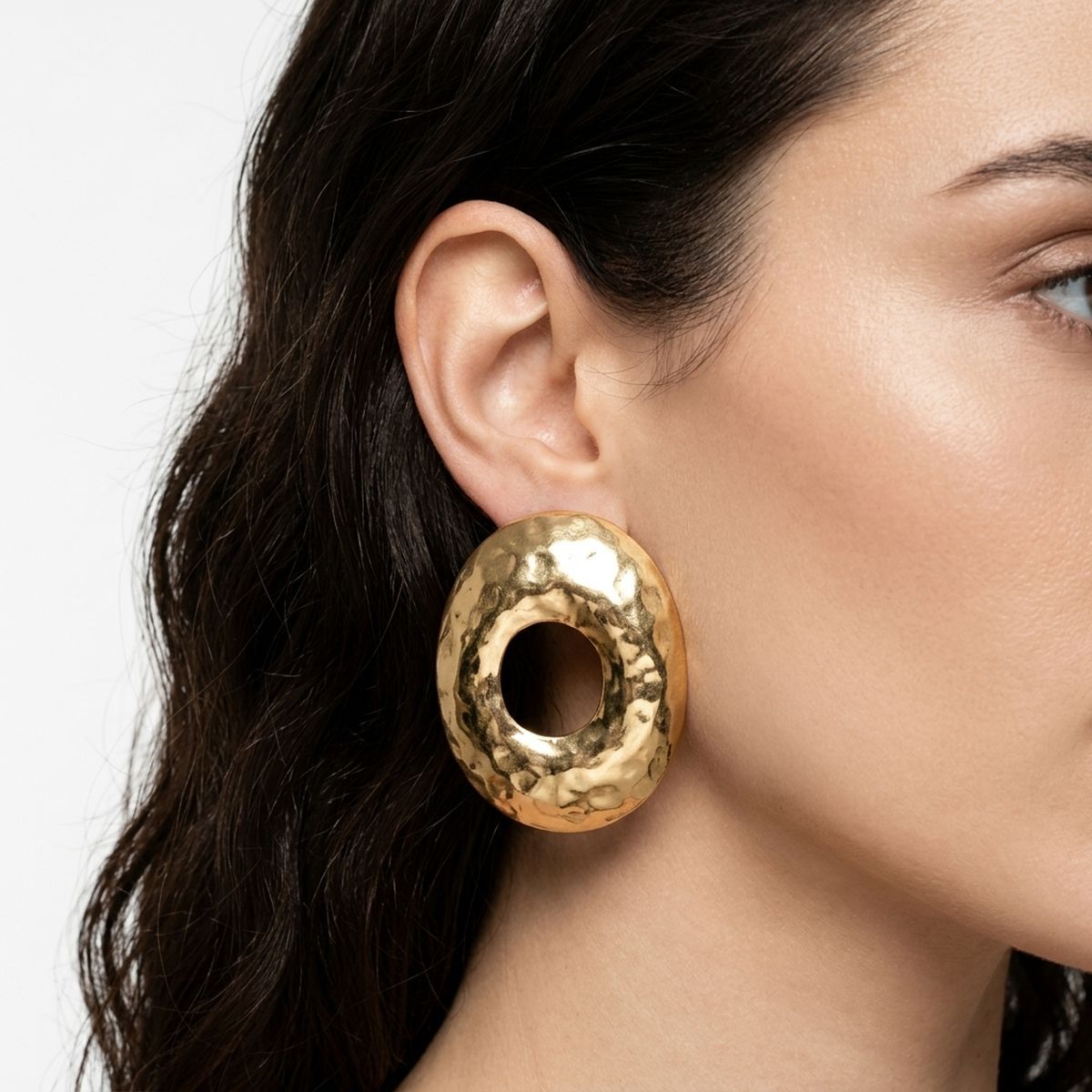 Stud Brushed Gold Hammered Domed Oval Earrings