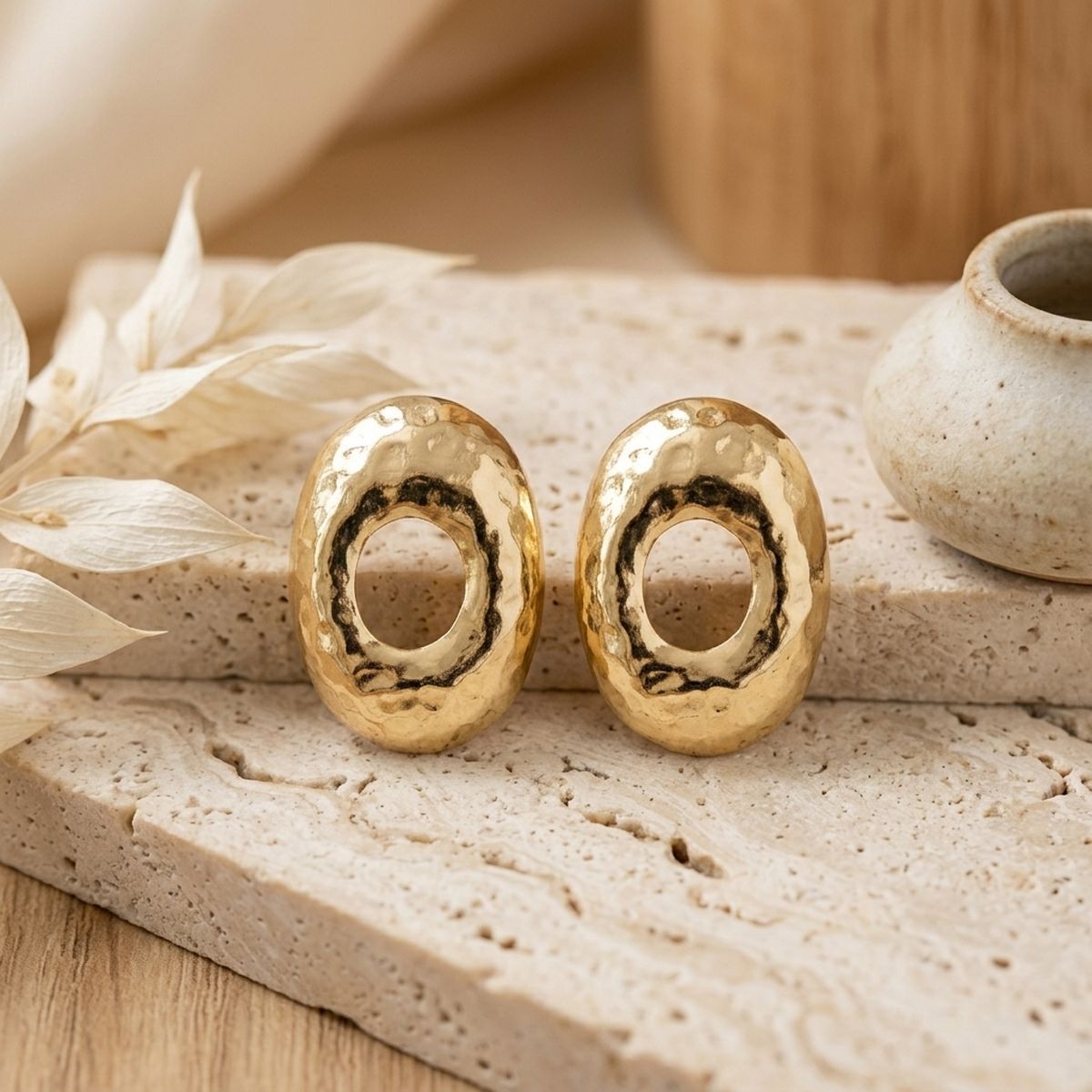 Stud Brushed Gold Hammered Domed Oval Earrings
