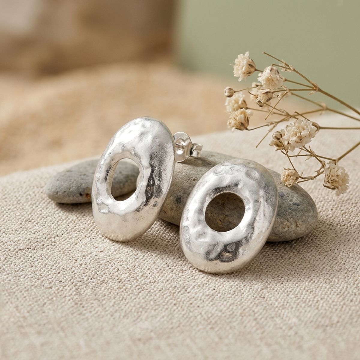 Stud Brushed Silver Hammered Domed Oval Earrings