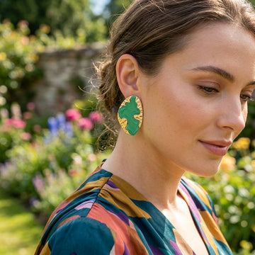 Stud Green and Gold Molten Metal Retro Earrings