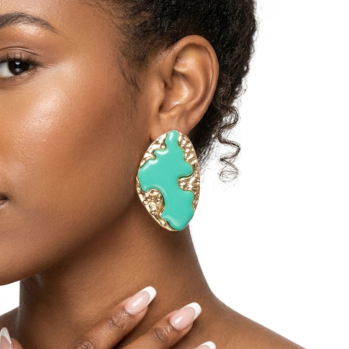 Stud Green and Gold Molten Metal Retro Earrings