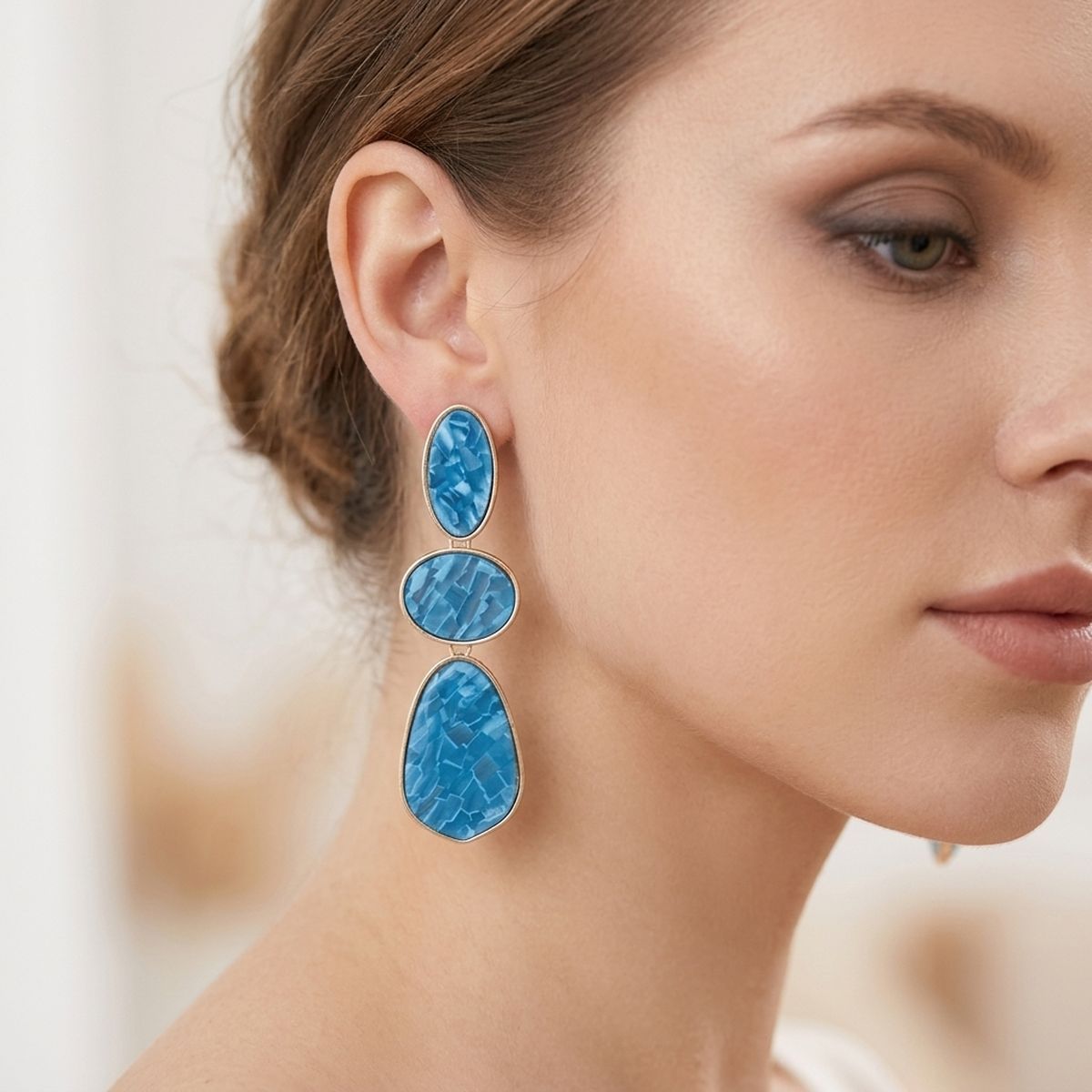 3 Tier Drop Blue Mosaic Gold Geometric Earrings