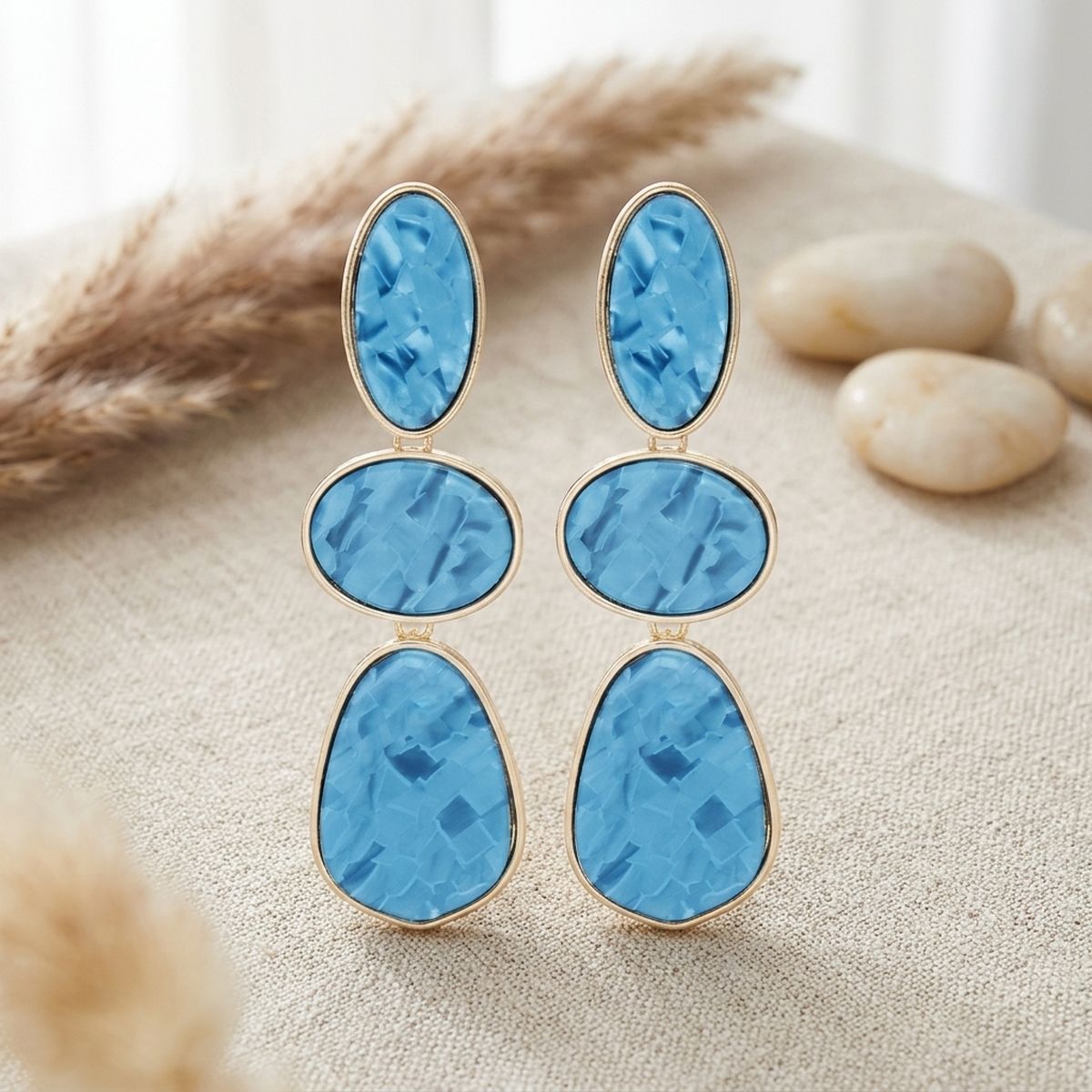 3 Tier Drop Blue Mosaic Gold Geometric Earrings