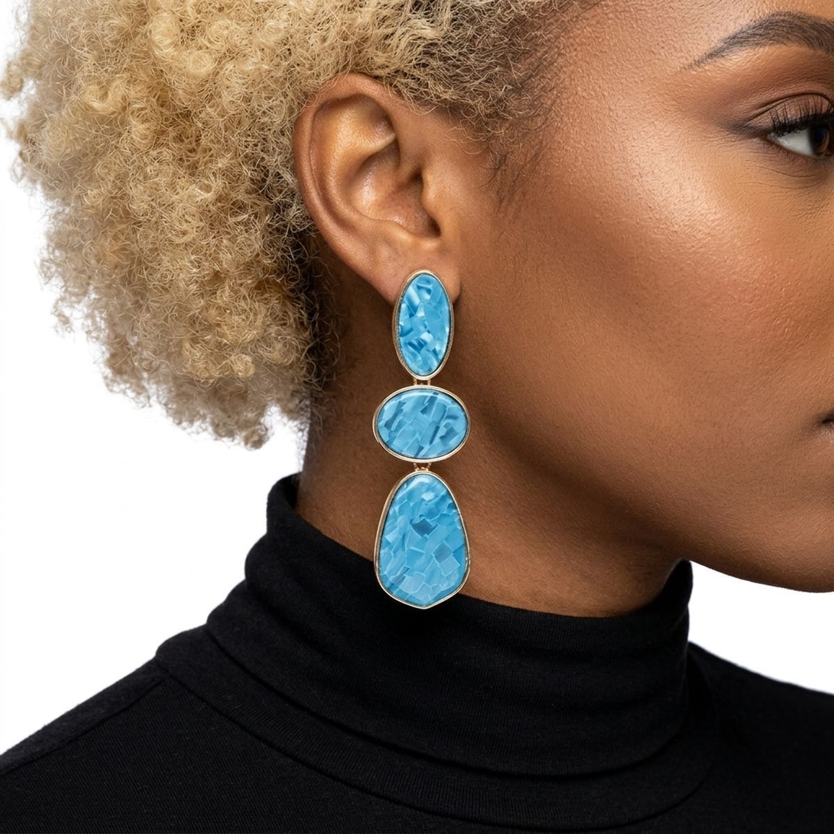 3 Tier Drop Blue Mosaic Gold Geometric Earrings