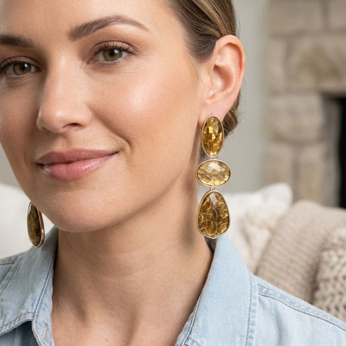 3 Tier Drop Brown Mosaic Gold Geometric Earrings