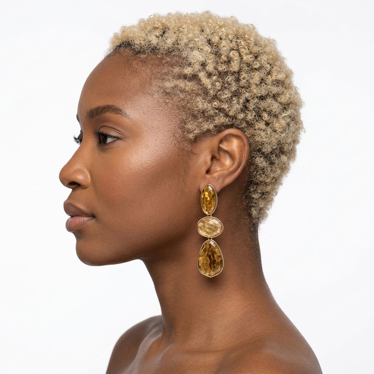 3 Tier Drop Brown Mosaic Gold Geometric Earrings