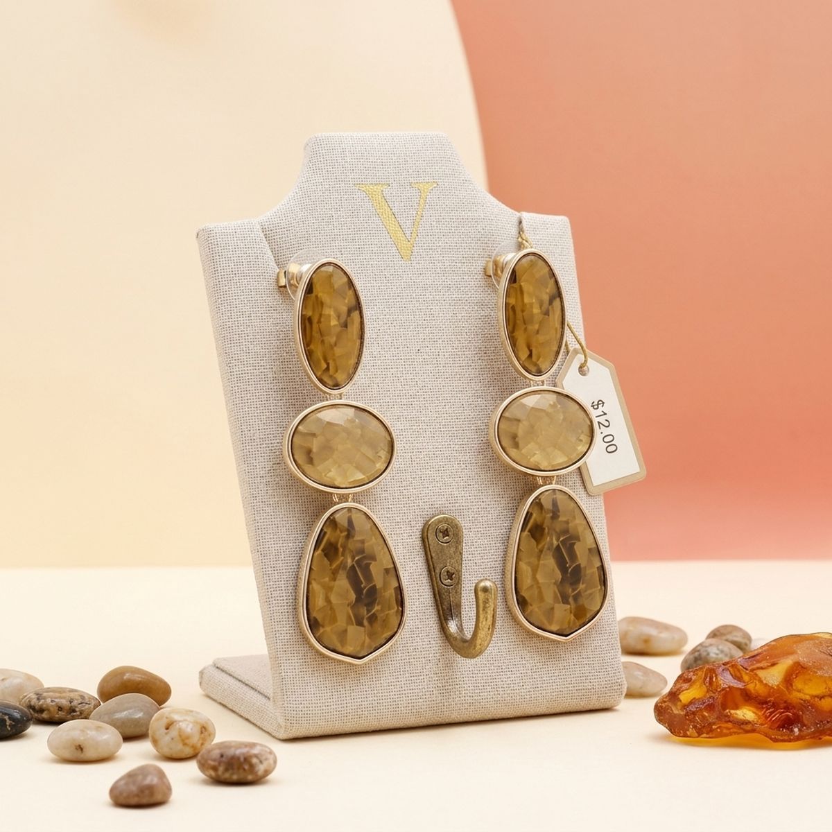 3 Tier Drop Brown Mosaic Gold Geometric Earrings