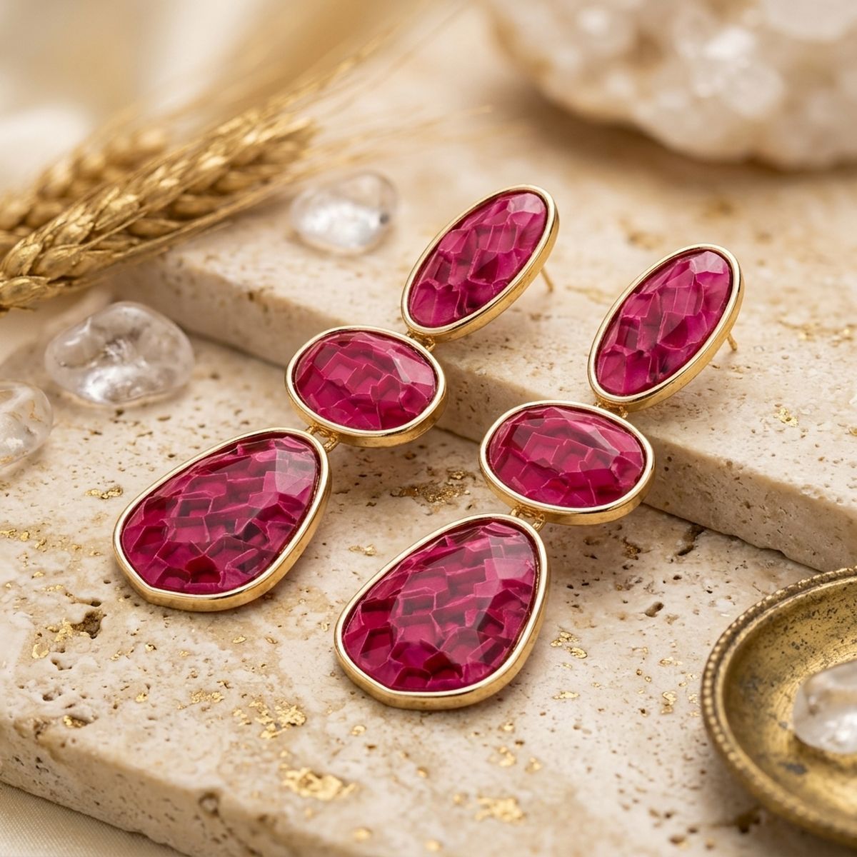 3 Tier Drop Fuchsia Mosaic Gold Geometric Earrings