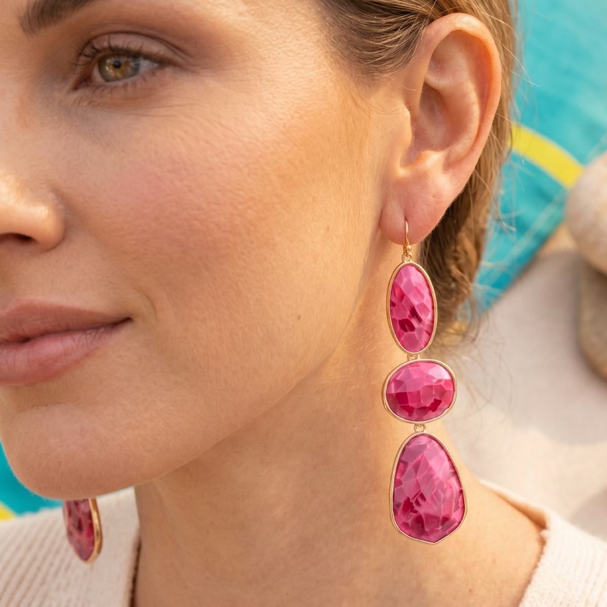 3 Tier Drop Fuchsia Mosaic Gold Geometric Earrings