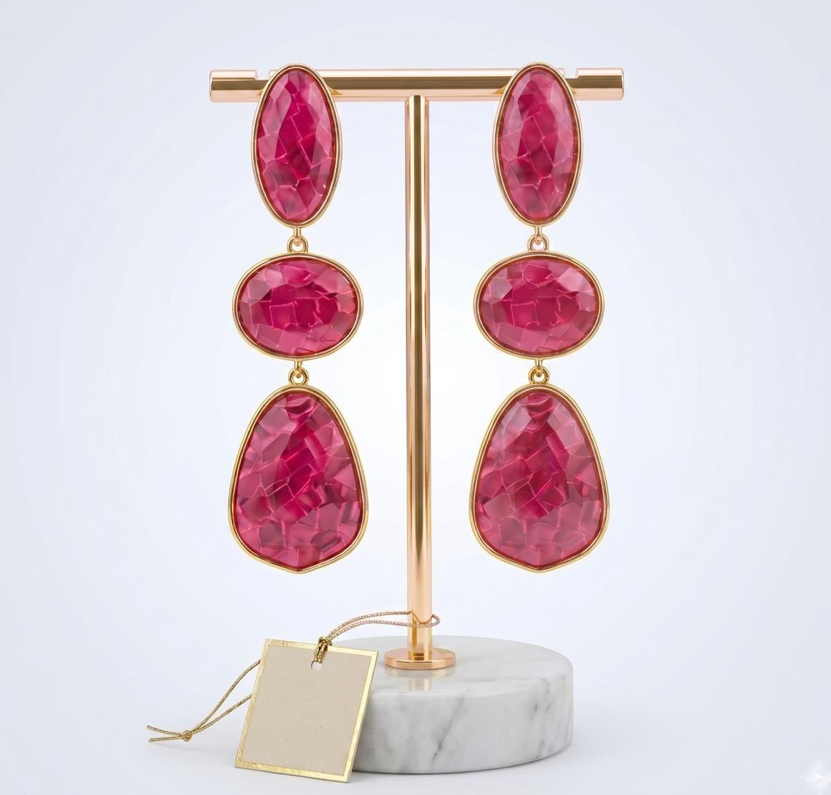 3 Tier Drop Fuchsia Mosaic Gold Geometric Earrings