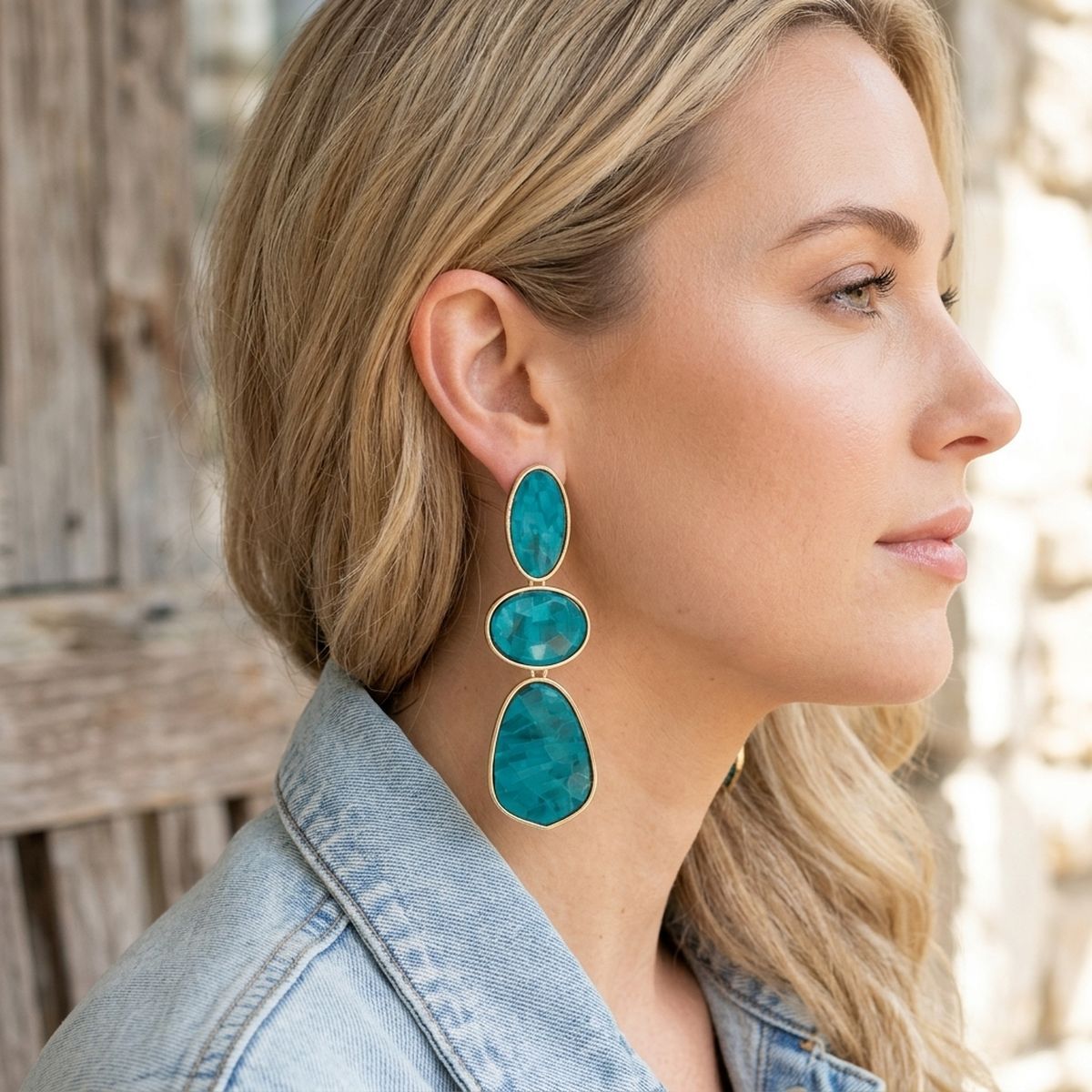 3 Tier Drop Green Mosaic Gold Geometric Earrings