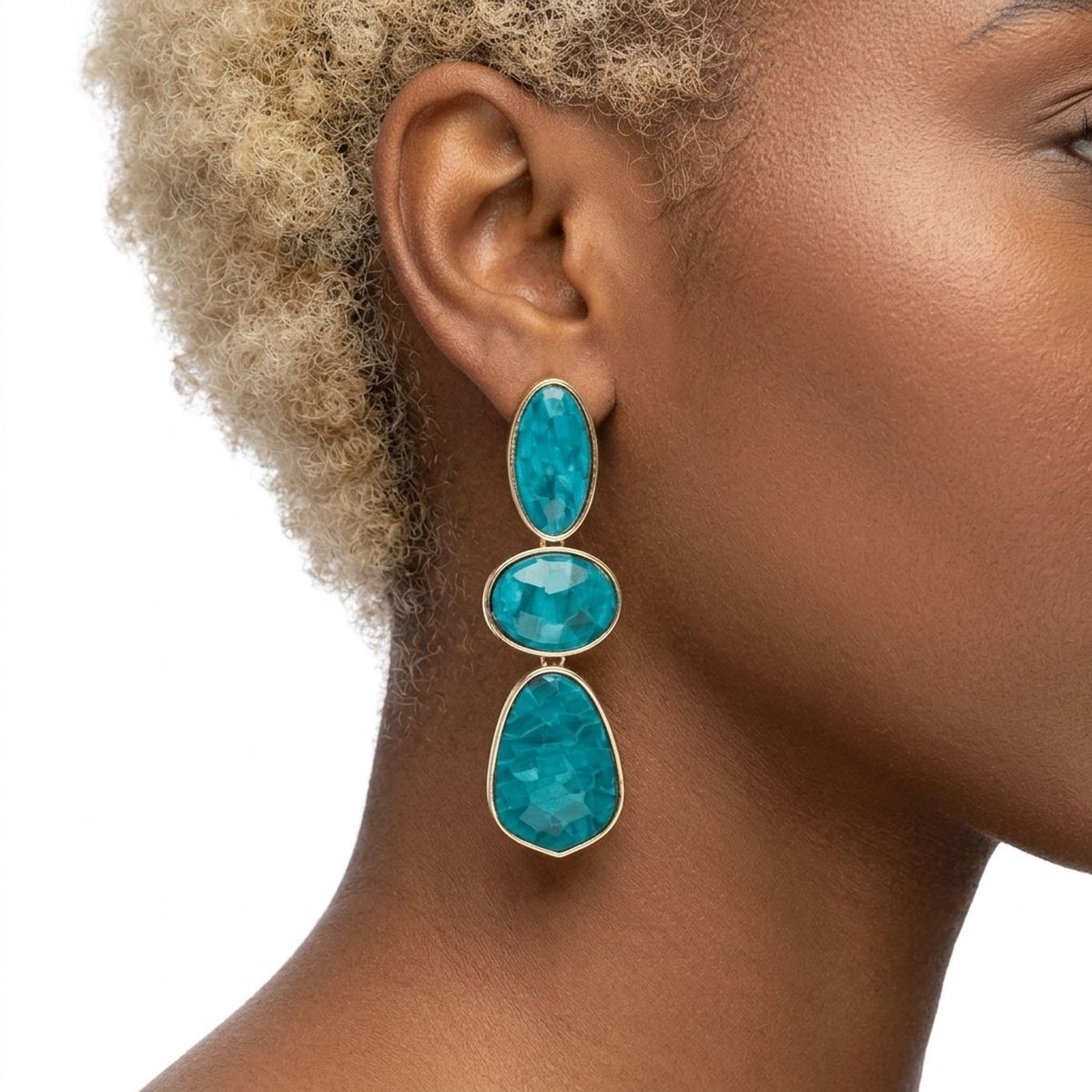 3 Tier Drop Green Mosaic Gold Geometric Earrings
