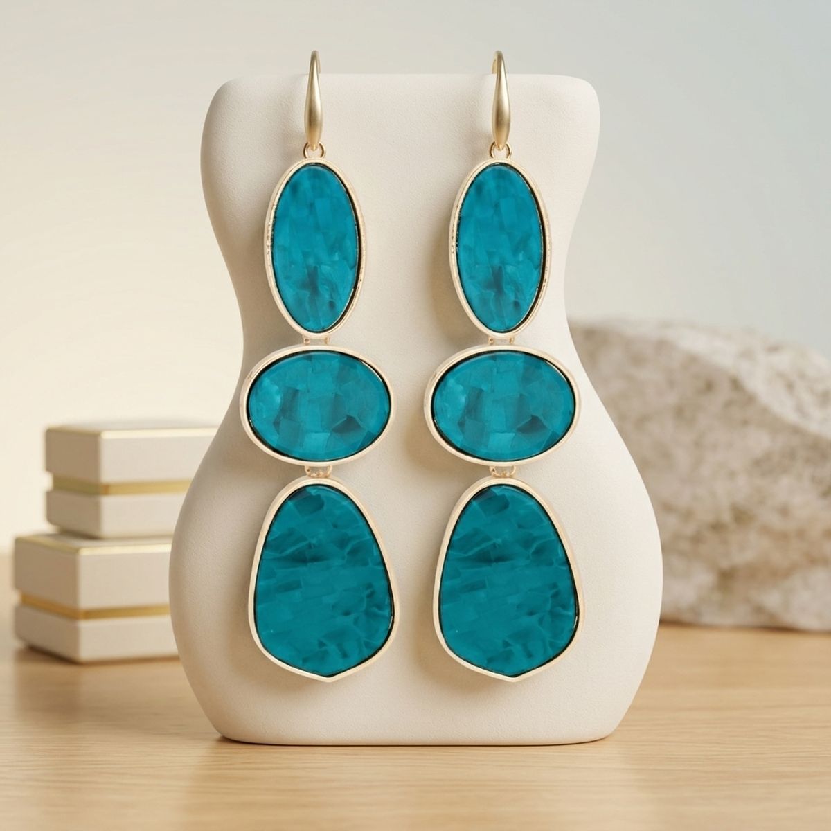 3 Tier Drop Green Mosaic Gold Geometric Earrings