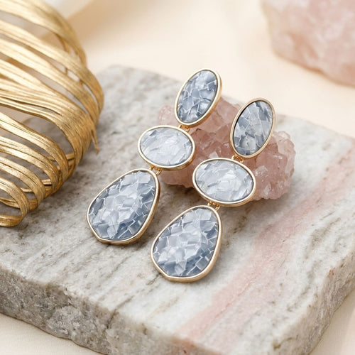 3 Tier Drop Gray Mosaic Gold Geometric Earrings