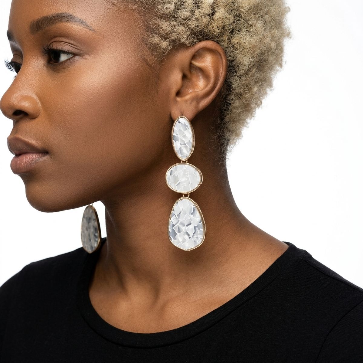 3 Tier Drop Gray Mosaic Gold Geometric Earrings