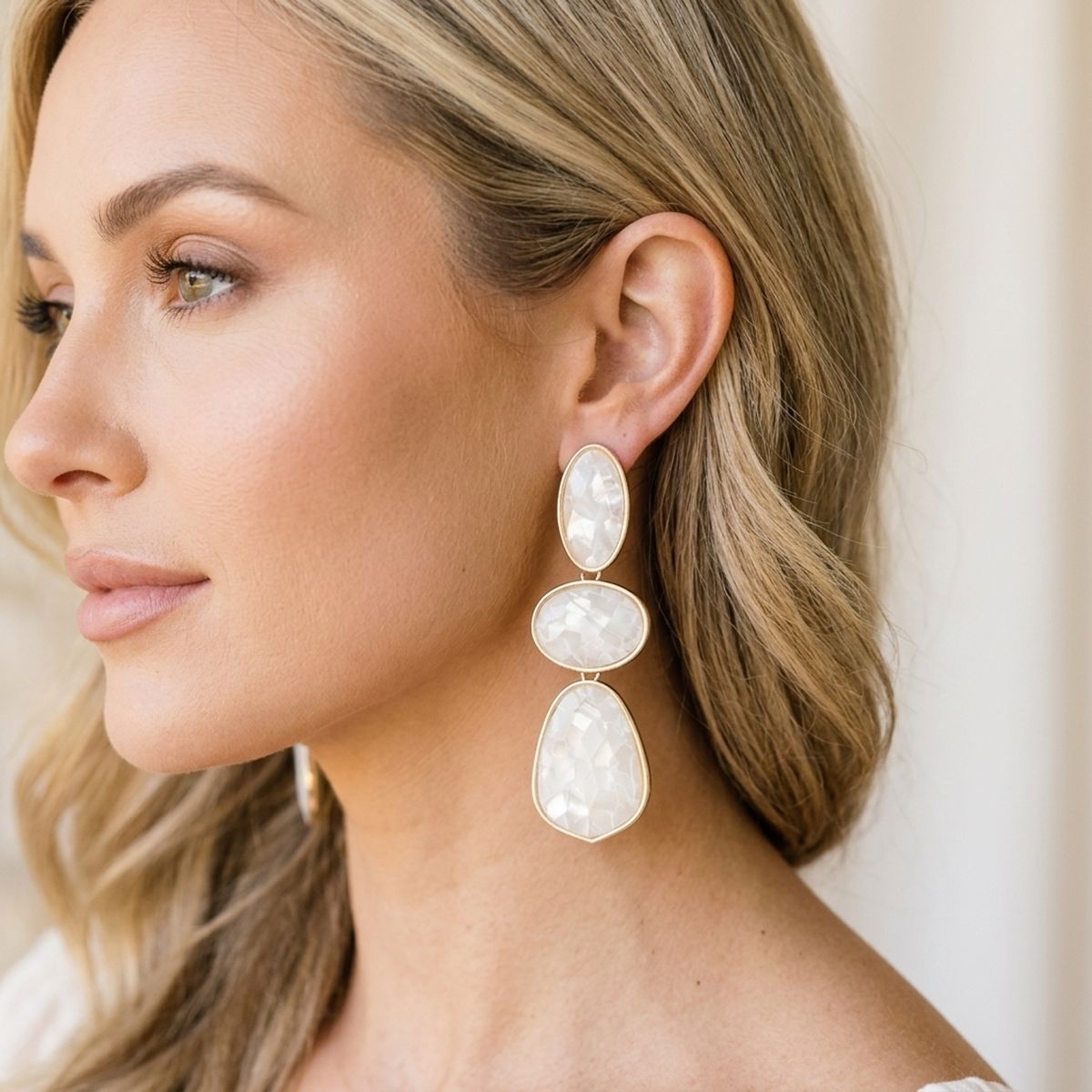 3 Tier Drop Ivory Mosaic Gold Geometric Earrings