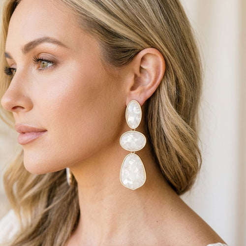 3 Tier Drop Ivory Mosaic Gold Geometric Earrings
