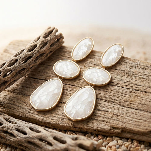 3 Tier Drop Ivory Mosaic Gold Geometric Earrings