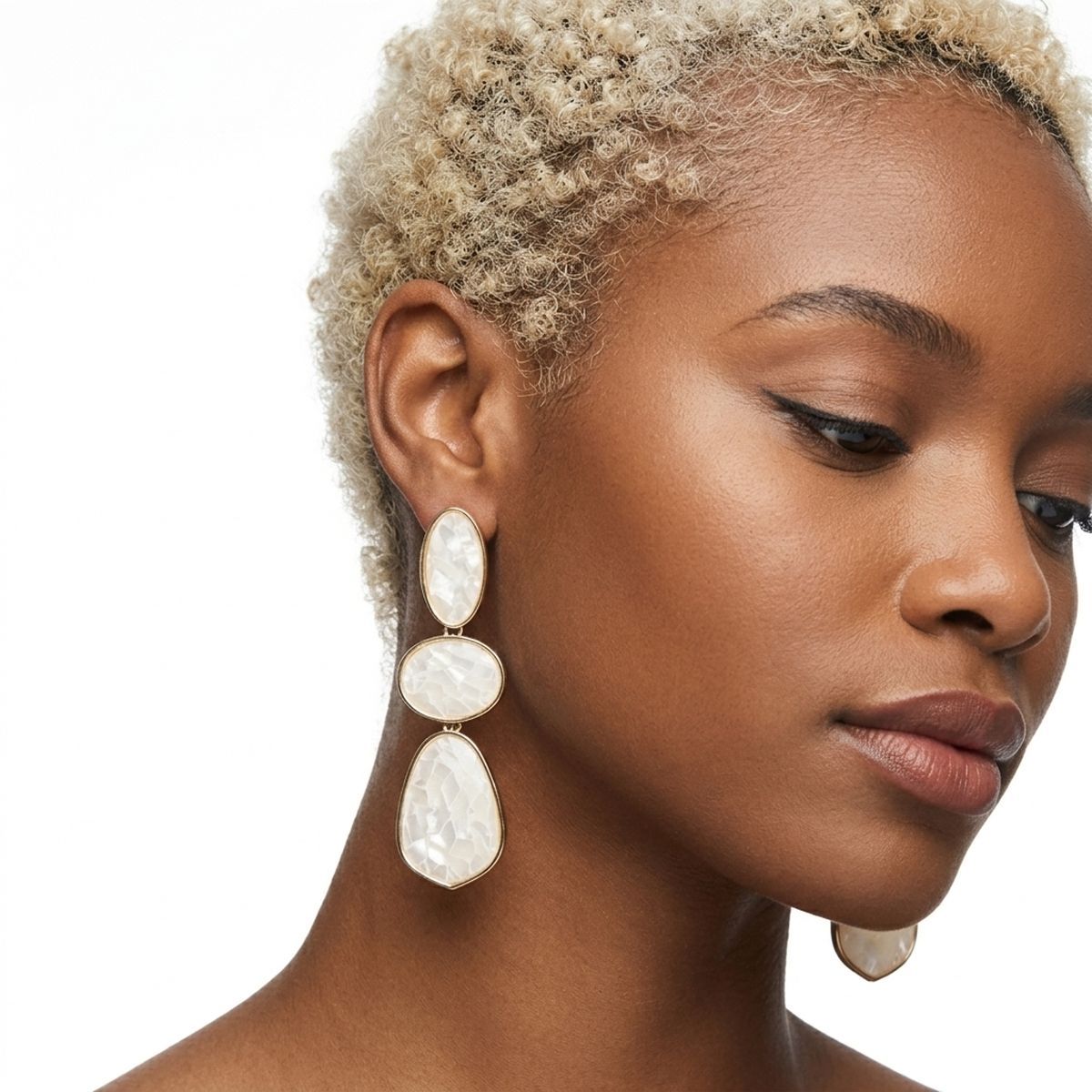 3 Tier Drop Ivory Mosaic Gold Geometric Earrings