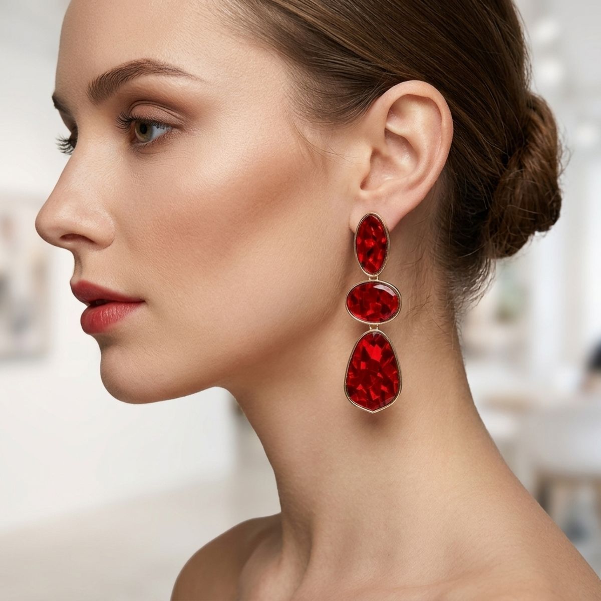 3 Tier Drop Red Mosaic Gold Geometric Earrings