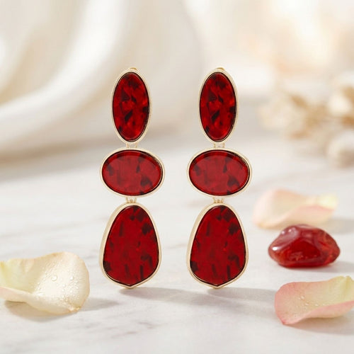 3 Tier Drop Red Mosaic Gold Geometric Earrings