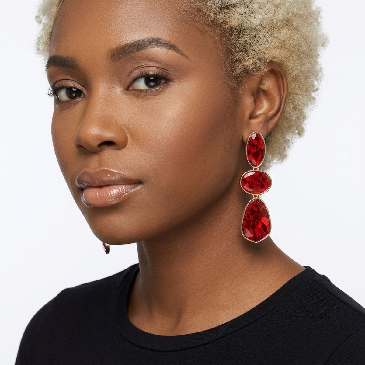 3 Tier Drop Red Mosaic Gold Geometric Earrings