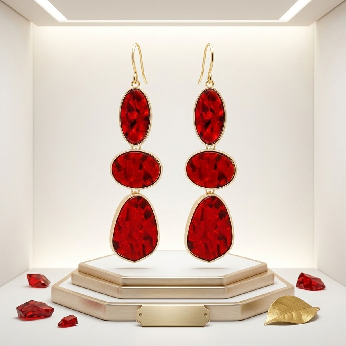 3 Tier Drop Red Mosaic Gold Geometric Earrings
