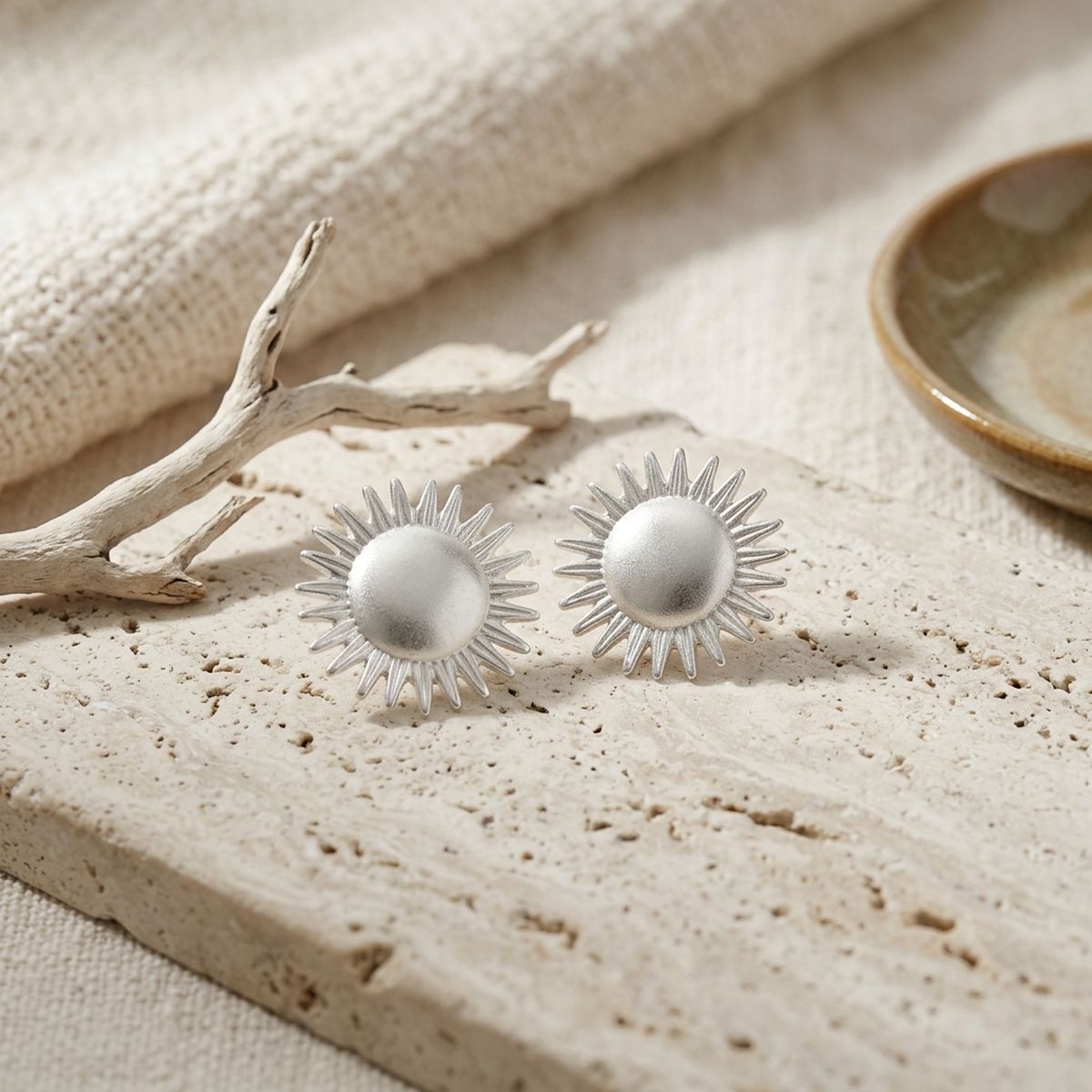 Stud Brushed Silver Domed Sun and Rays Earrings