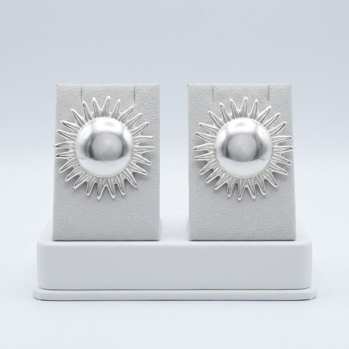Stud Brushed Silver Domed Sun and Rays Earrings
