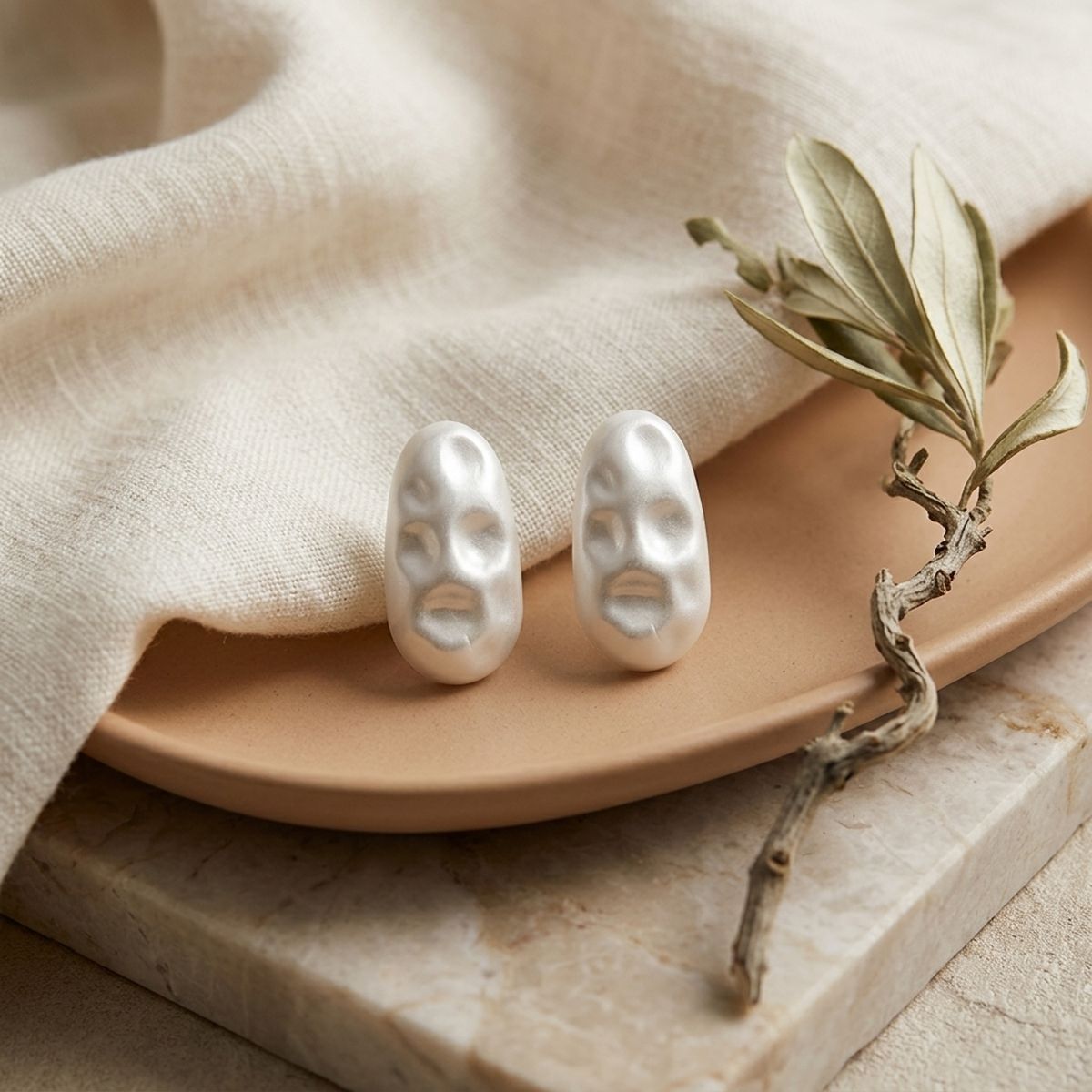 Stud Matte Silver Hammered Dome Teardrop Earrings