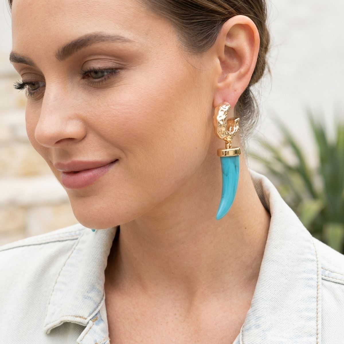 Gold Hoop with Turquoise Horn Drop Earrings