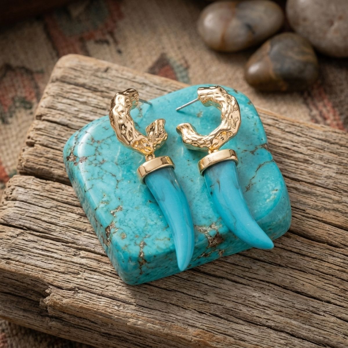 Gold Hoop with Turquoise Horn Drop Earrings