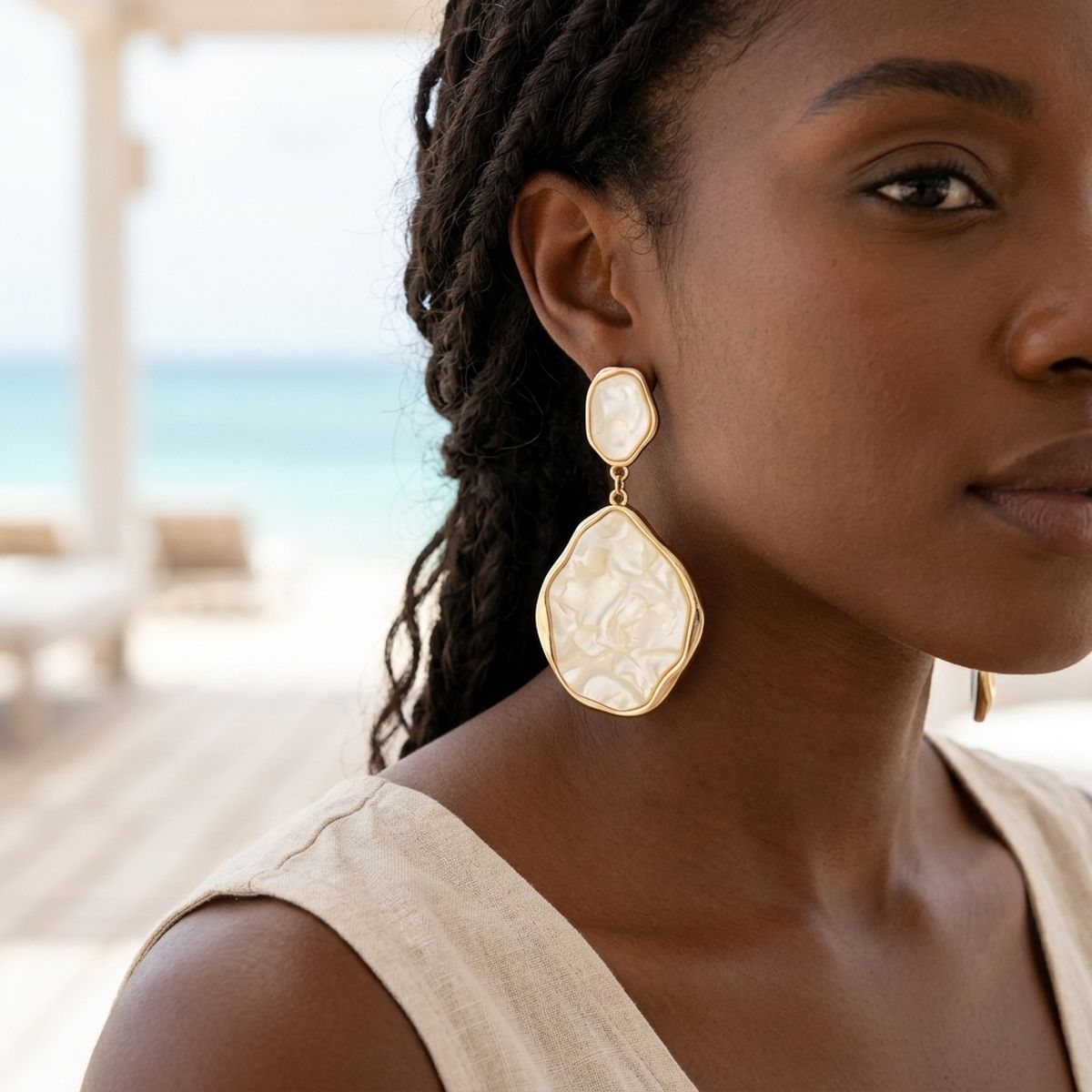 Ivory Pearlescent Organic Teardrop Gold Earrings