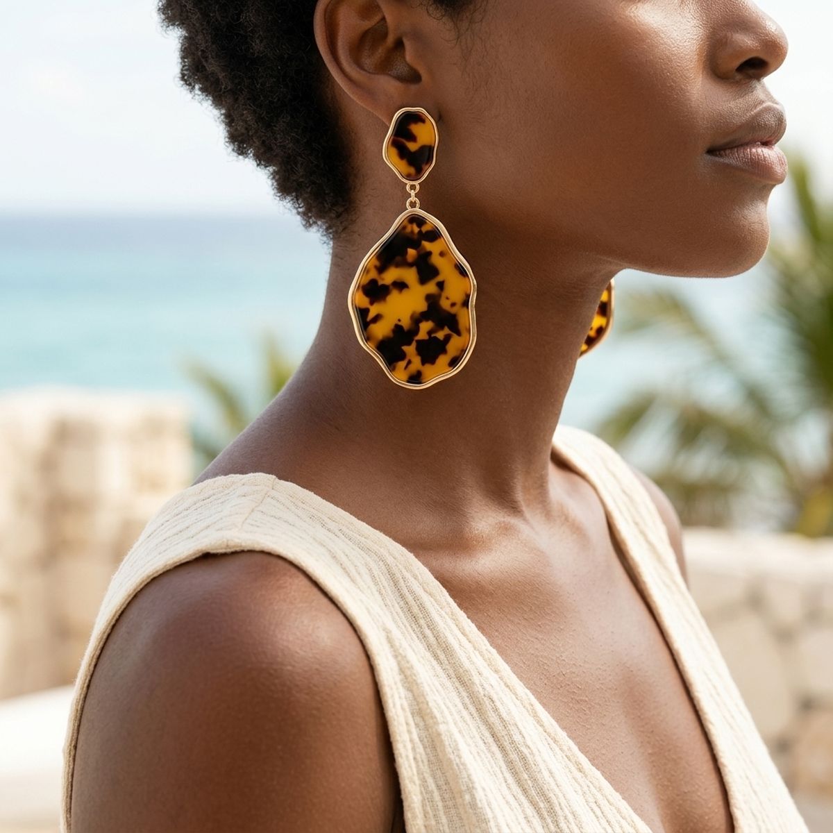 Brown Leopard Organic Teardrop Gold Earrings