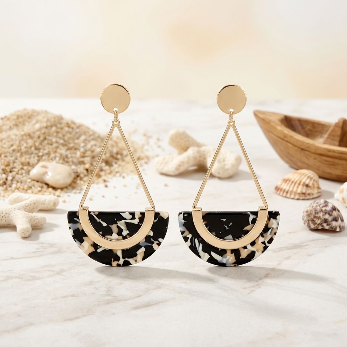 Black Marbled Half Moon Gold Drop Earrings