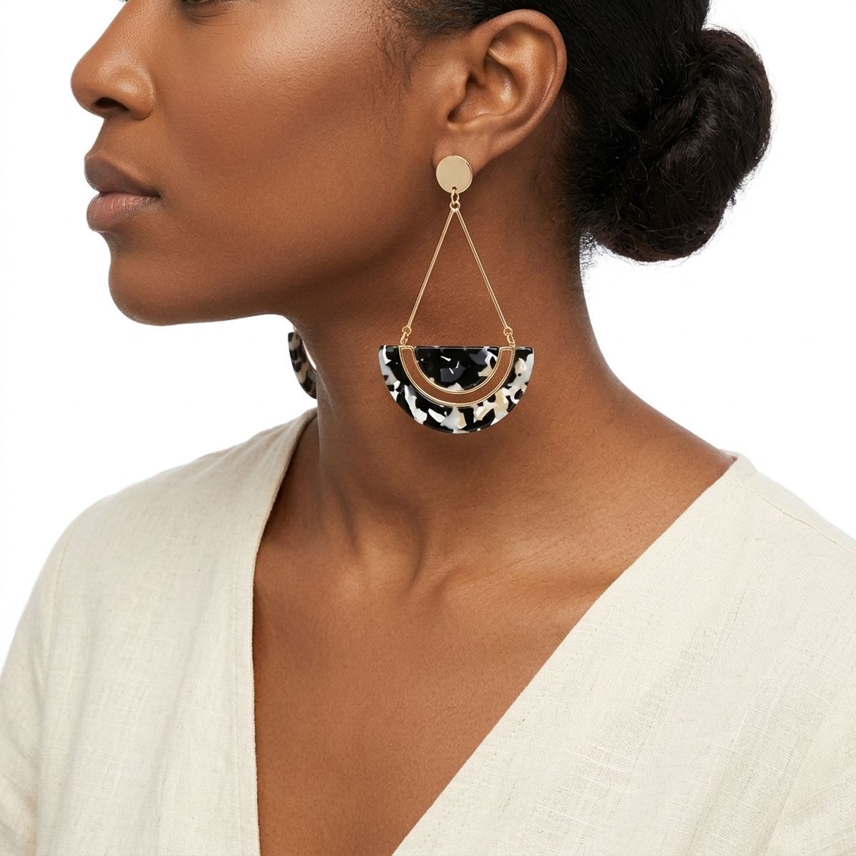Black Marbled Half Moon Gold Drop Earrings