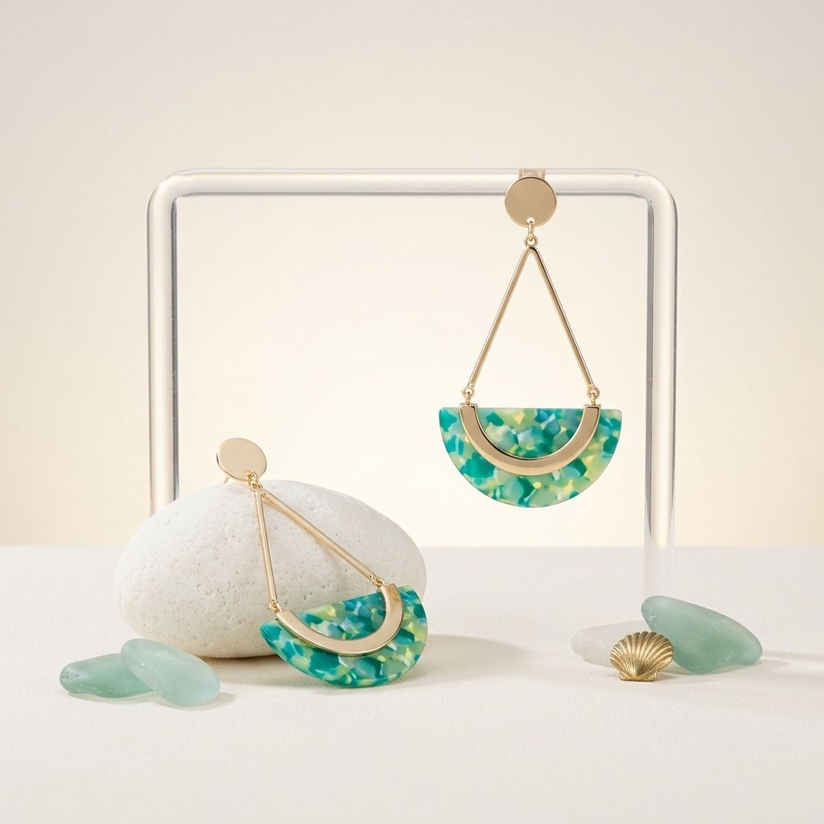 Green Marbled Half Moon Gold Drop Earrings