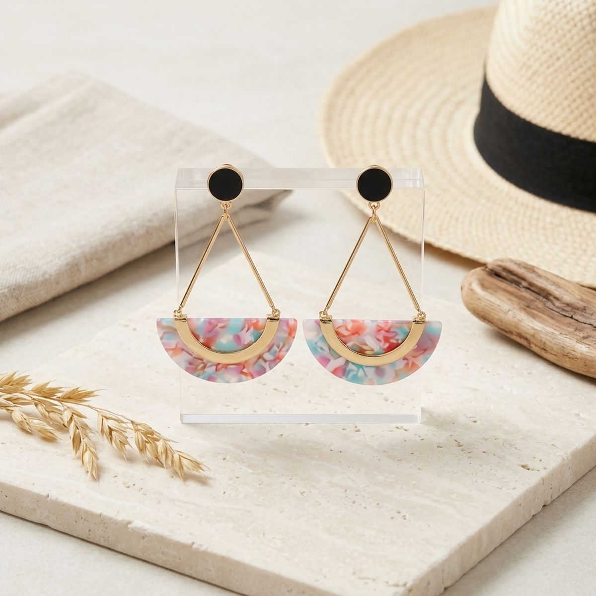 Pink Marbled Half Moon Gold Drop Earrings