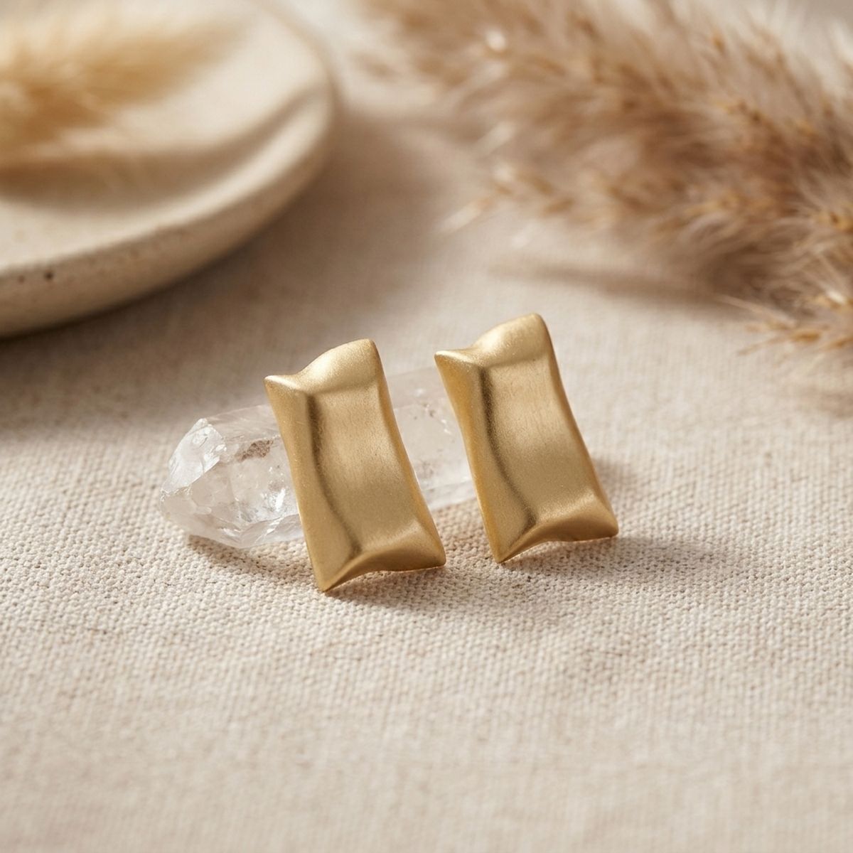 Stud Matte Gold Bent Rectangle Domed Earrings
