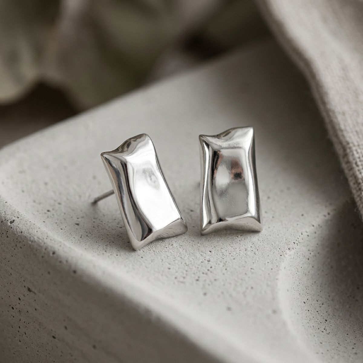 Stud Matte Silver Bent Rectangle Domed Earrings